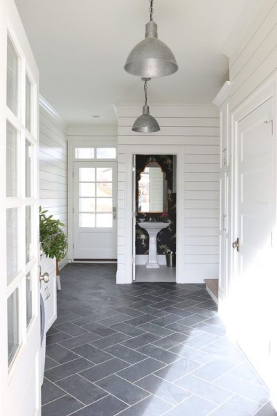 slate herringbone mudroom