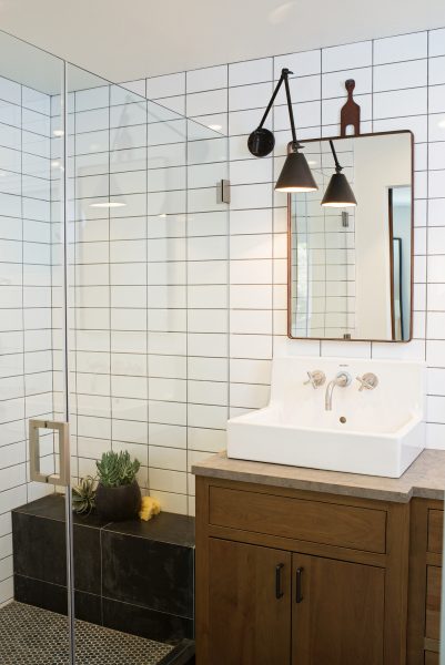 vessel sink, rectangular vessel sink, wall mount faucet, subway tile, white subway tile, bathroom remodel, bathroom vanity